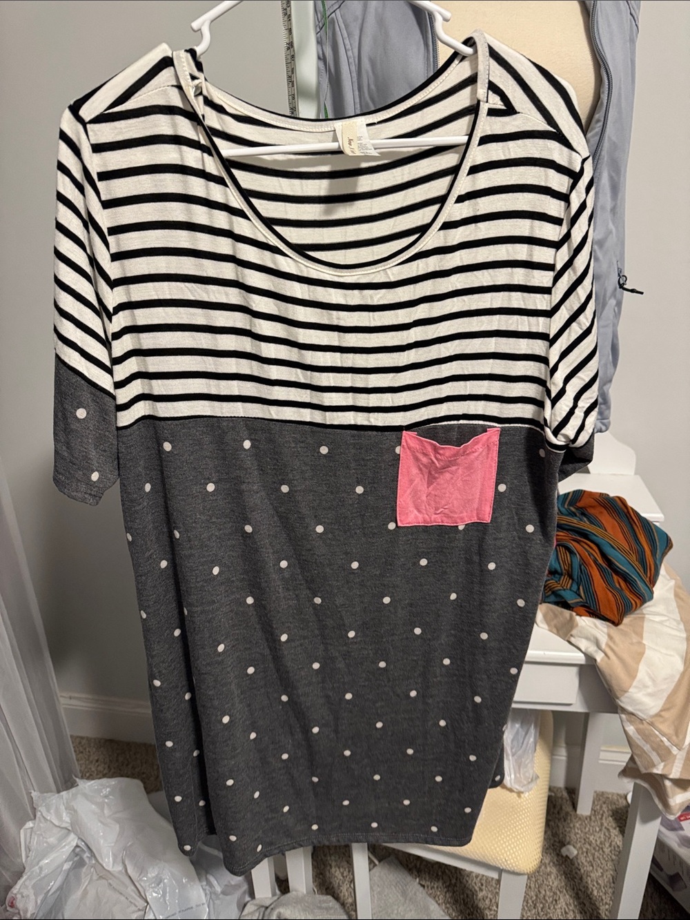 Striped and Polka Dot Short Sleeve Tee with Pink Pocket